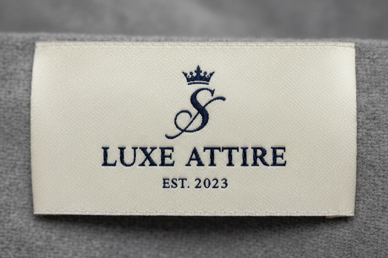 Luxe Attire label with logo on a textured surface
